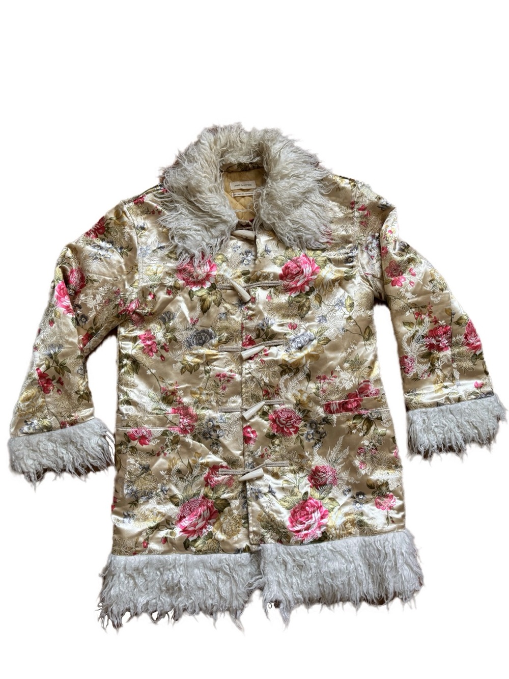 70s inspired gold & pink floral print coat with faux sherpa trim